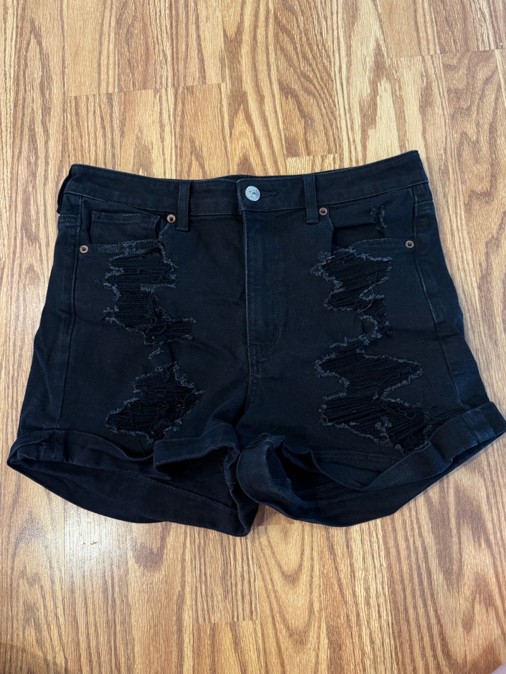 American Eagle Outfitters Black Distressed Roll-Hem Jean Shorts